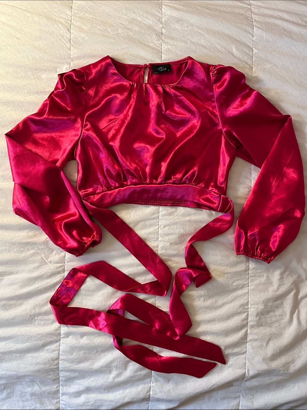 Women's Satin Long-Sleeve Wrap Crop Top in Hot Pink